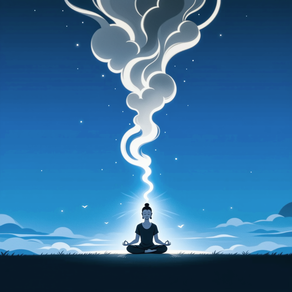 Person clearing mind for meditation with peaceful scene